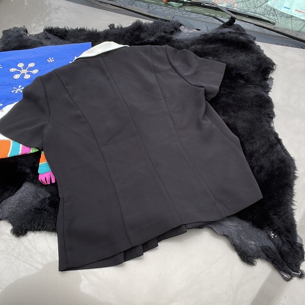 Danny & Nicole Black Pleated Button Up Short Sleeves Petite PePlum Blouse 12P